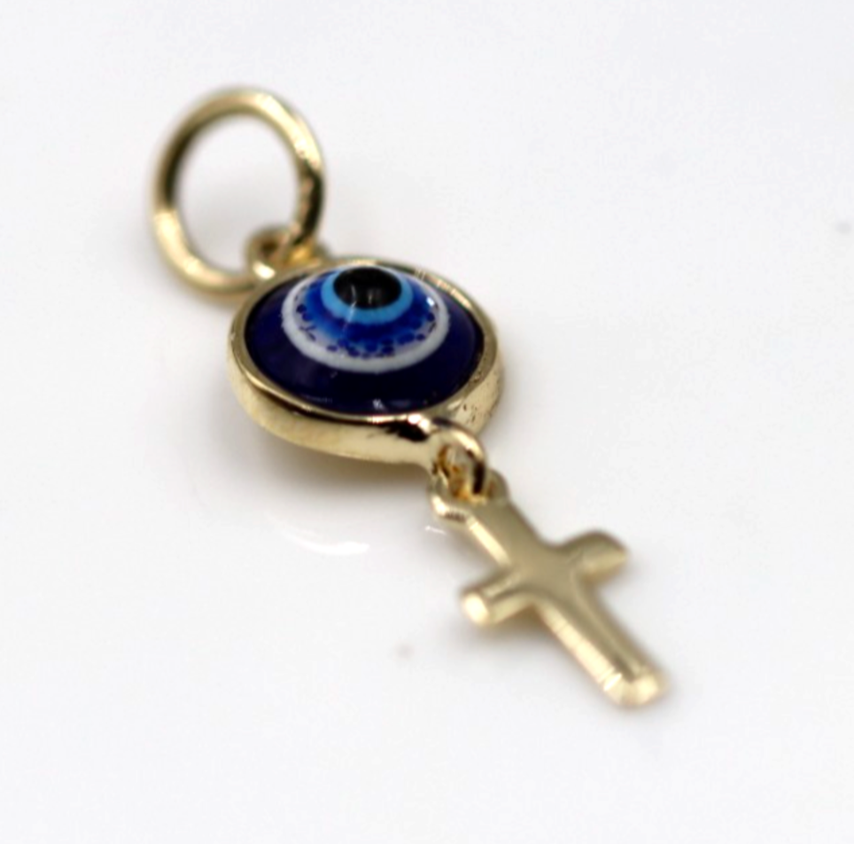 Genuine 9ct Yellow, Rose or White Gold Greek Mati Nazar Lucky 5mm Evil Eye + Cross Charm or Pendant