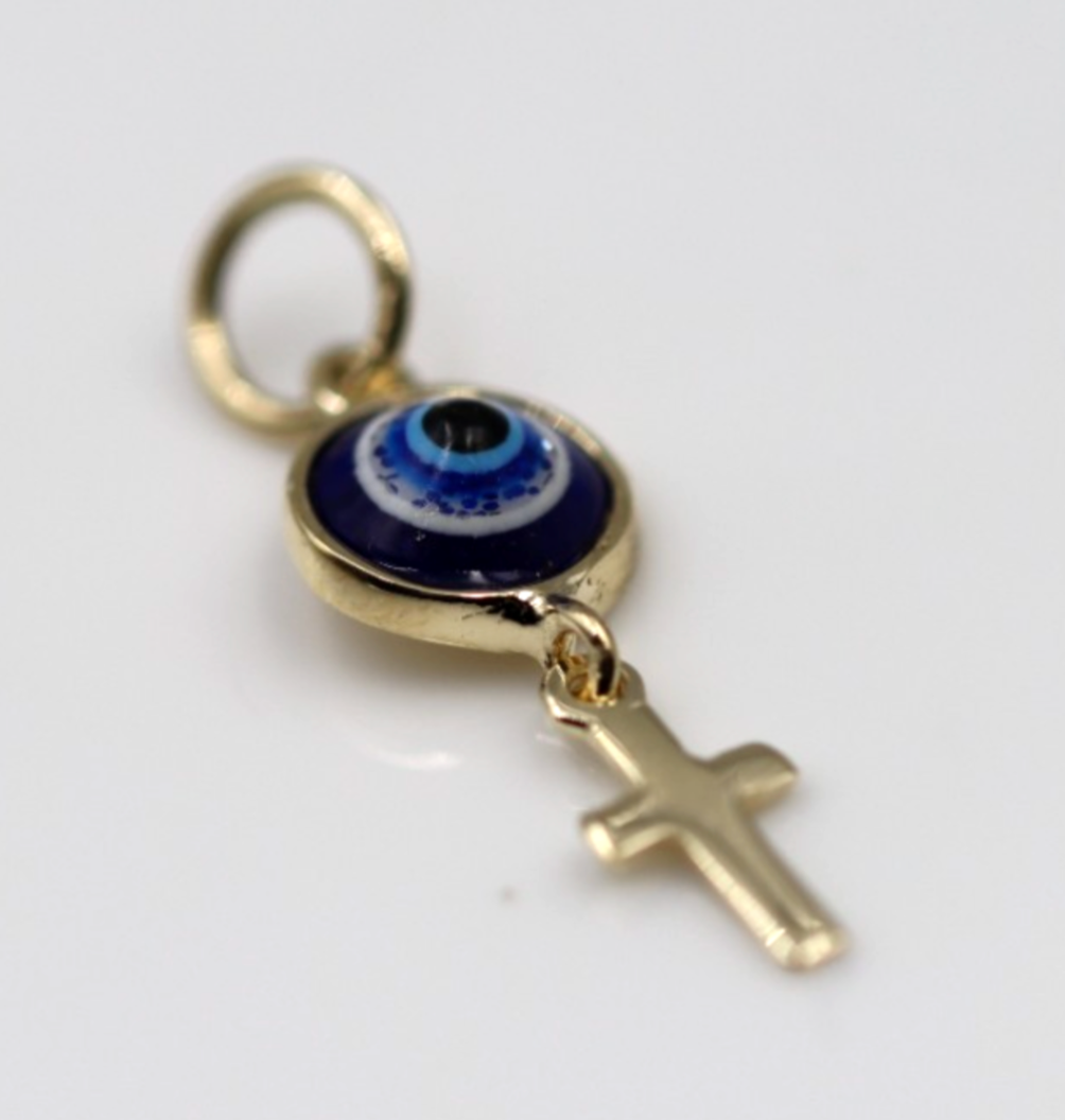 Genuine 9ct Yellow, Rose or White Gold Greek Mati Nazar Lucky 5mm Evil Eye + Cross Charm or Pendant