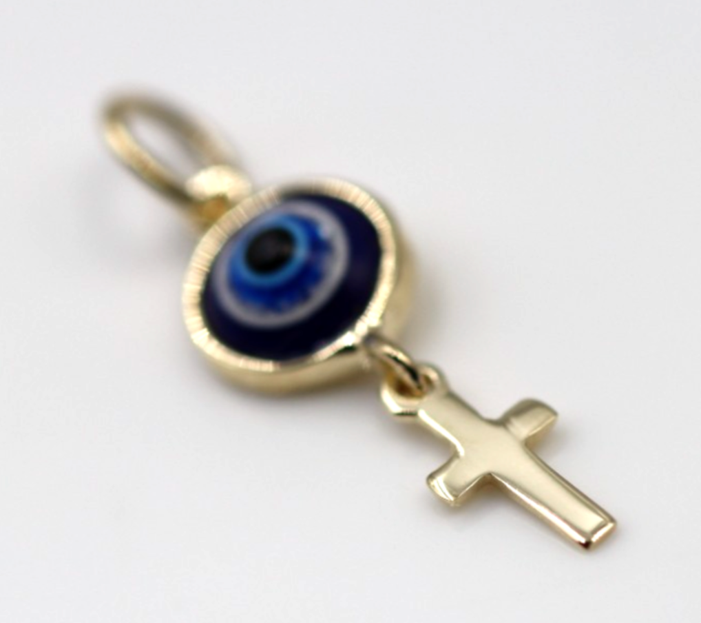 Genuine 9ct Yellow, Rose or White Gold Greek Mati Nazar Lucky 5mm Evil Eye + Cross Charm or Pendant