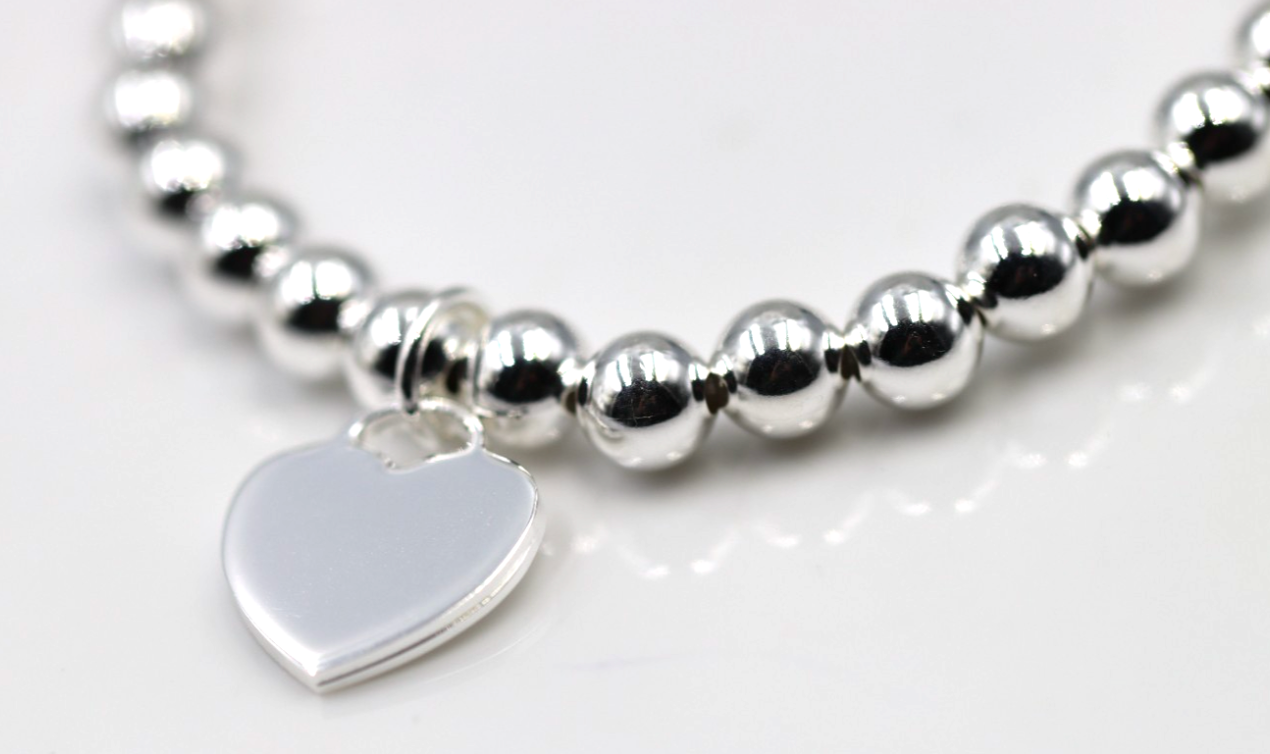 Sterling Silver 925 6mm Bead Ball Elastic Bracelet with 14mm Heart