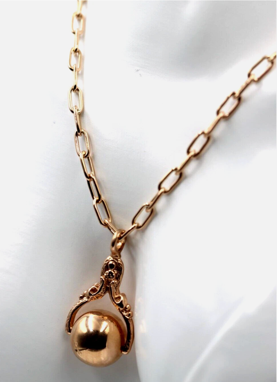Genuine 9ct 9k Rose Gold 375 Handmade Paper Clip + Spinner Ball Pendant 45cm Necklace