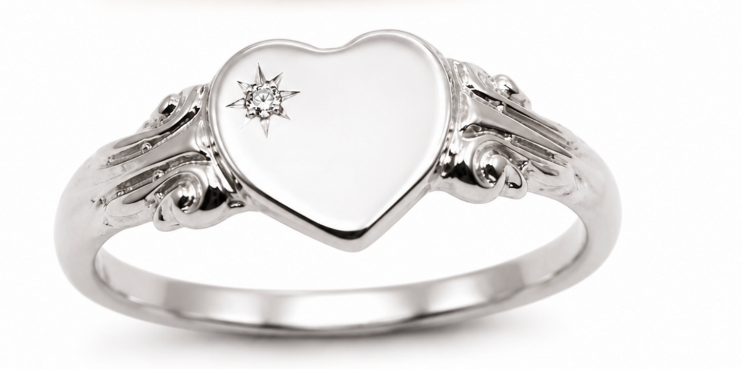 Solid Genuine 9ct 9kt 375 Yellow, Rose or White Gold Heart Signet Ring Diamond Ring - Choose your size