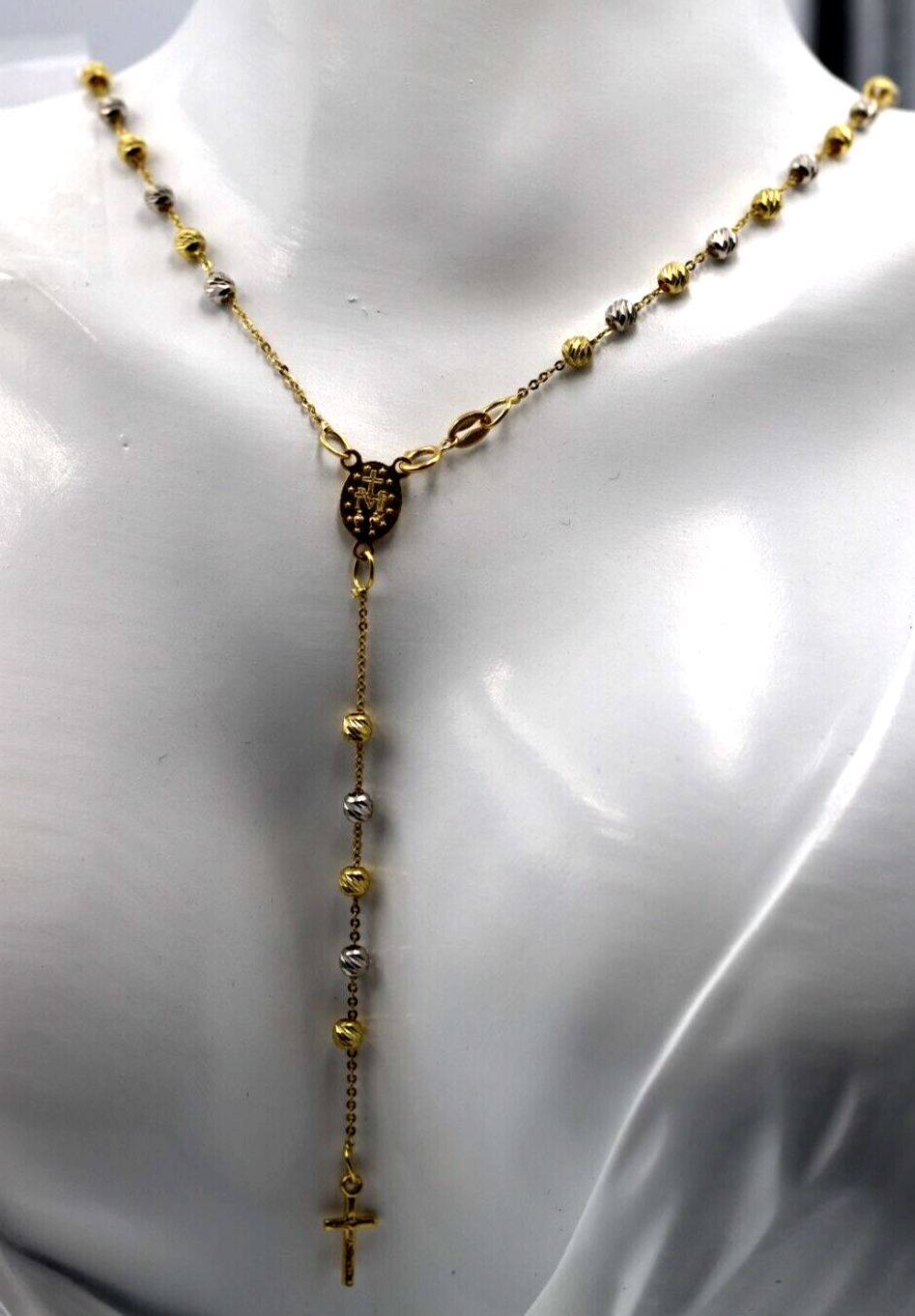 Genuine 18ct Yellow Gold Ball Rosary Bead Necklace Mary Miraculous + Cross Pendant