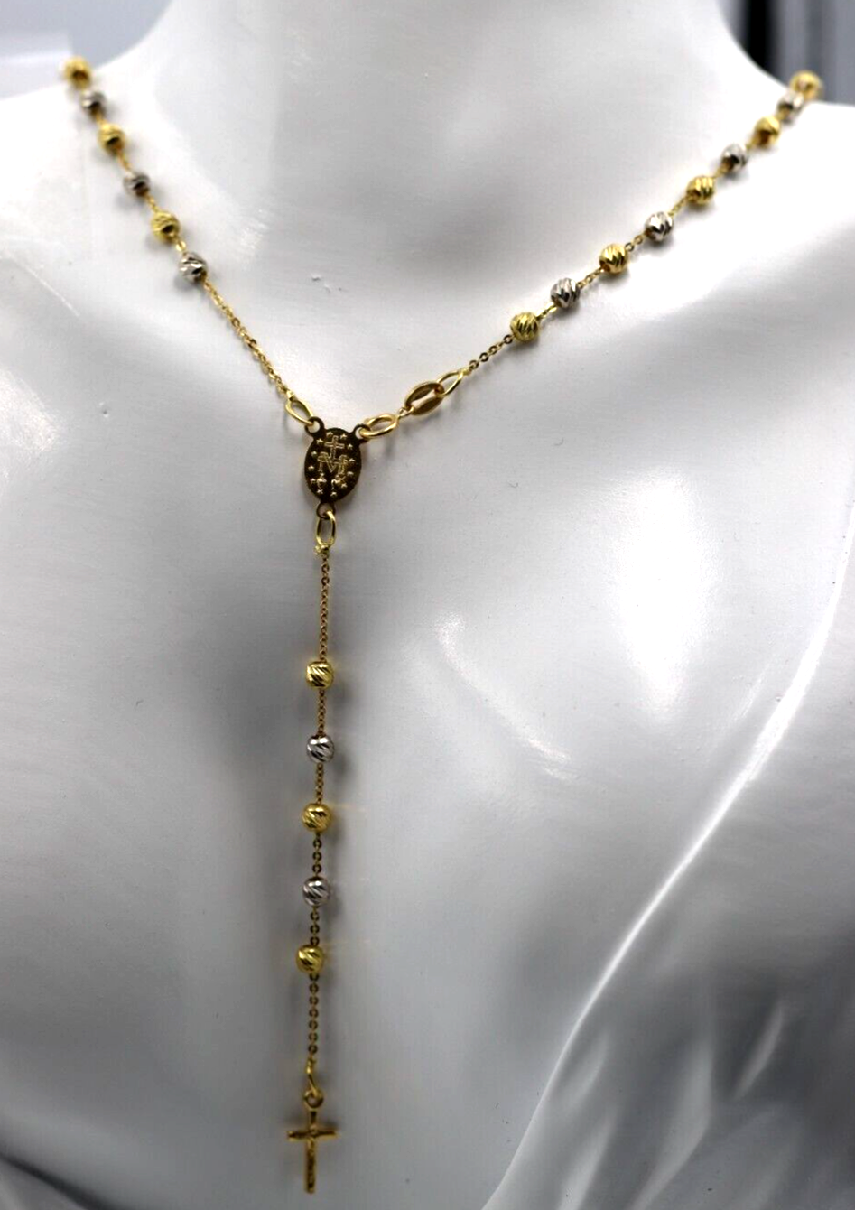Genuine 18ct Yellow Gold Ball Rosary Bead Necklace Mary Miraculous + Cross Pendant