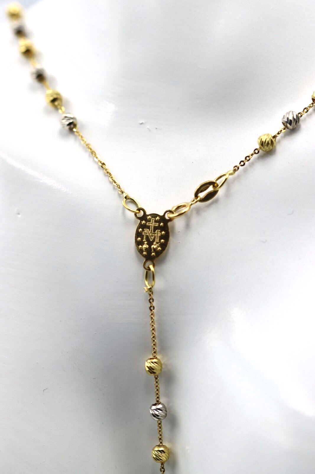 Genuine 18ct Yellow Gold Ball Rosary Bead Necklace Mary Miraculous + Cross Pendant