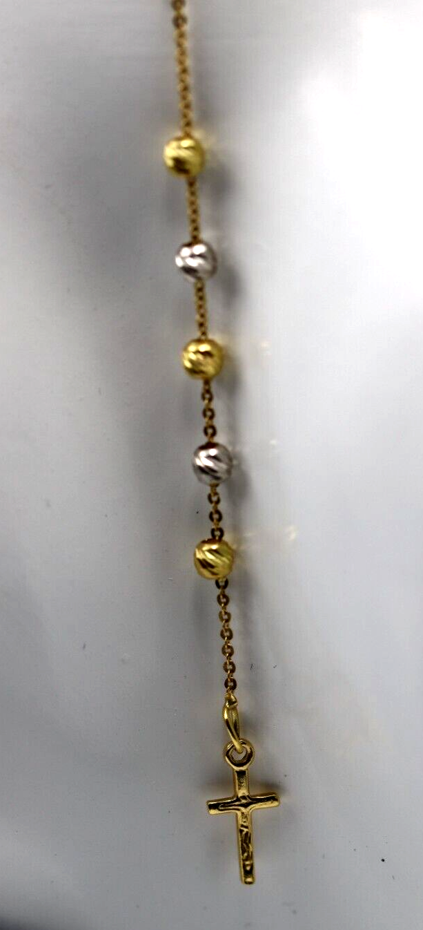 Genuine 18ct Yellow Gold Ball Rosary Bead Necklace Mary Miraculous + Cross Pendant