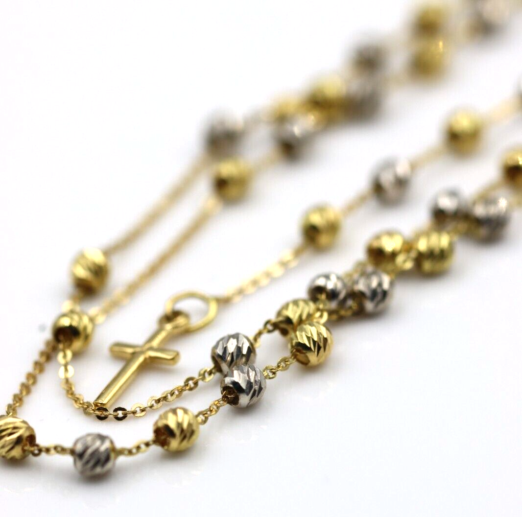 Genuine 18ct Yellow Gold Ball Rosary Bead Necklace Mary Miraculous + Cross Pendant