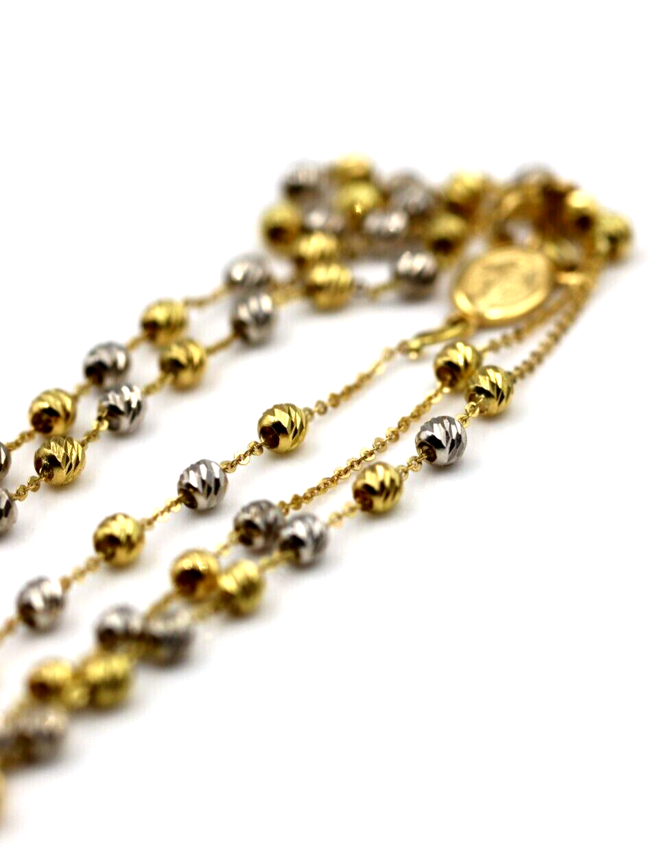 Genuine 18ct Yellow Gold Ball Rosary Bead Necklace Mary Miraculous + Cross Pendant