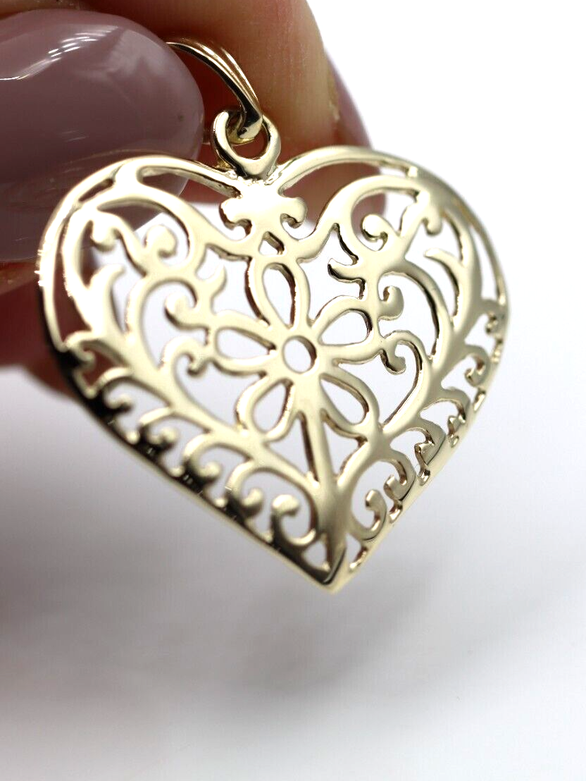 Kaedesigns Genuine 9ct 9k 375 Large Yellow, Rose or White Gold Filigree Flower Heart Pendant