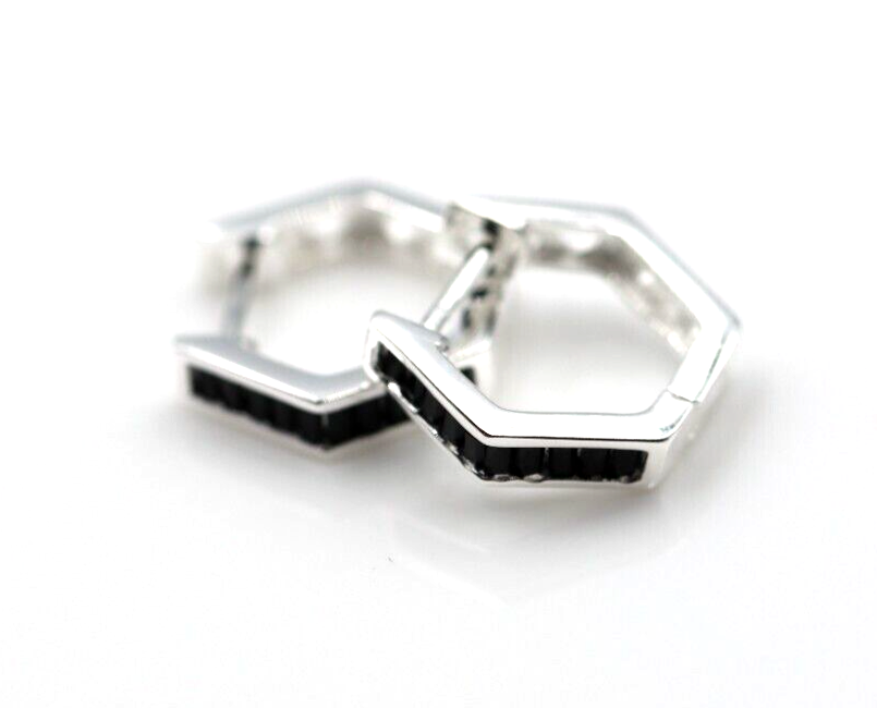 Kaedesigns Genuine Sterling Silver 925 Black CZ Hexagon Huggies Earrings