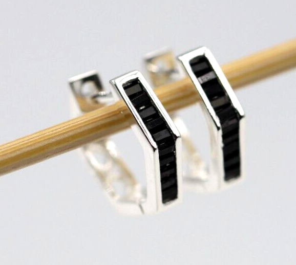 Kaedesigns Genuine Sterling Silver 925 Black CZ Hexagon Huggies Earrings