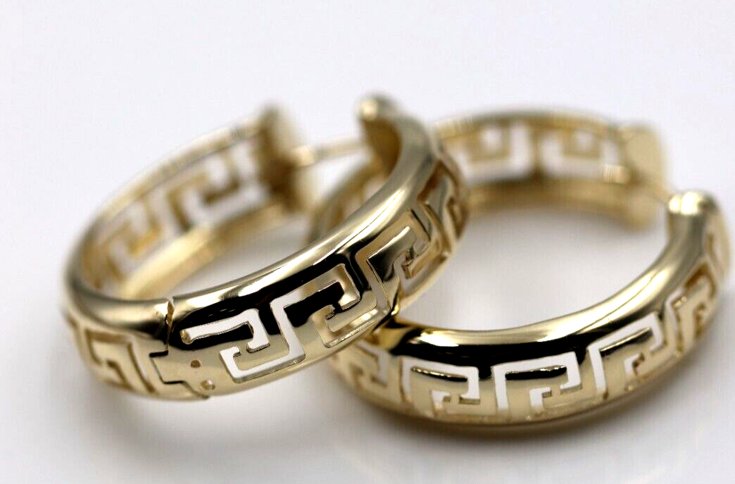 Kaedesigns, Genuine Heavy 14k 14ct Yellow Gold Large Fancy Greek Key Thick Hoop Earrings
