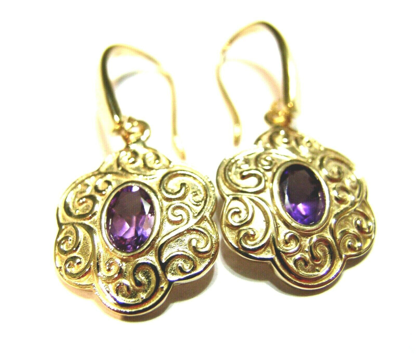 Genuine Heavy 9ct 9K Solid Yellow, Rose or White Gold Antique Amethyst Filigree Drop Earrings