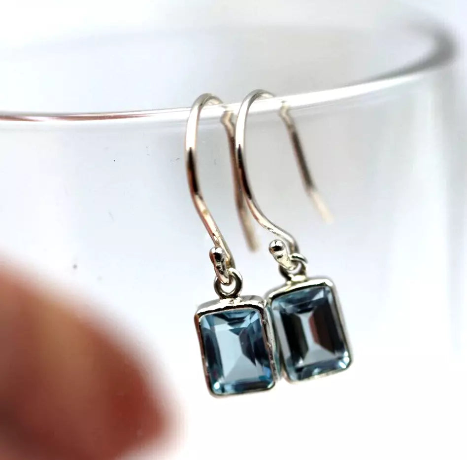 Genuine Sterling Silver 925 Blue Topaz Bezel Hook Earrings