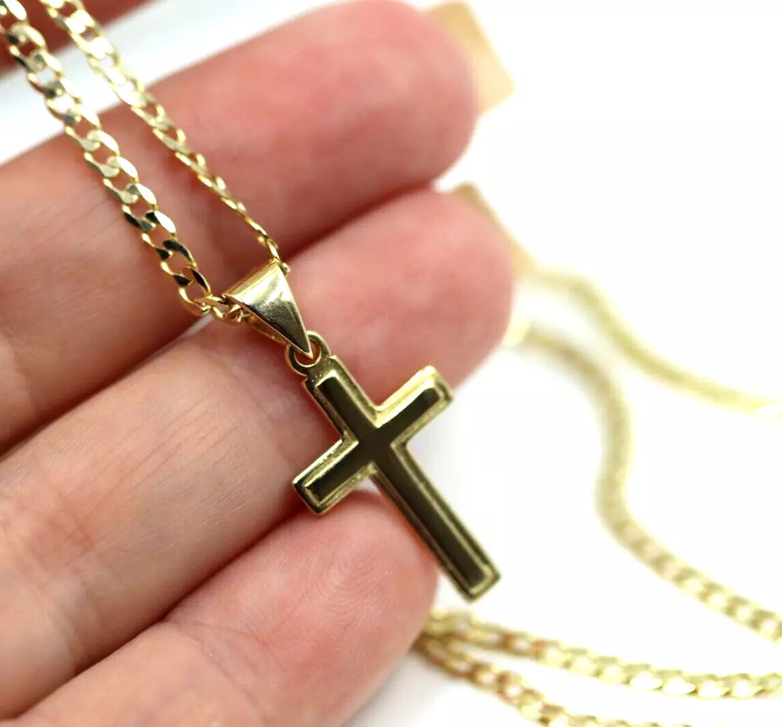 Genuine 9ct 9K Yellow Gold Plain Cross Pendant + Necklace Chain 60cm