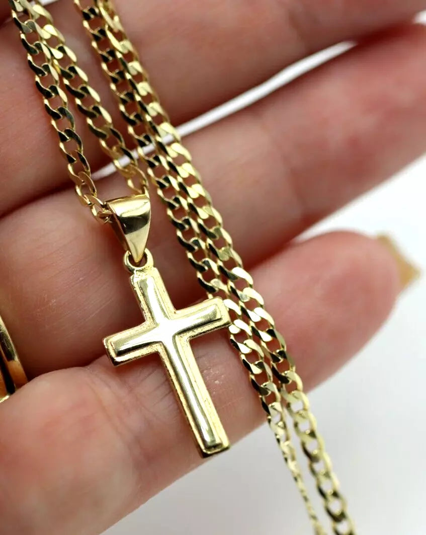 Genuine 9ct 9K Yellow Gold Plain Cross Pendant + Necklace Chain 60cm