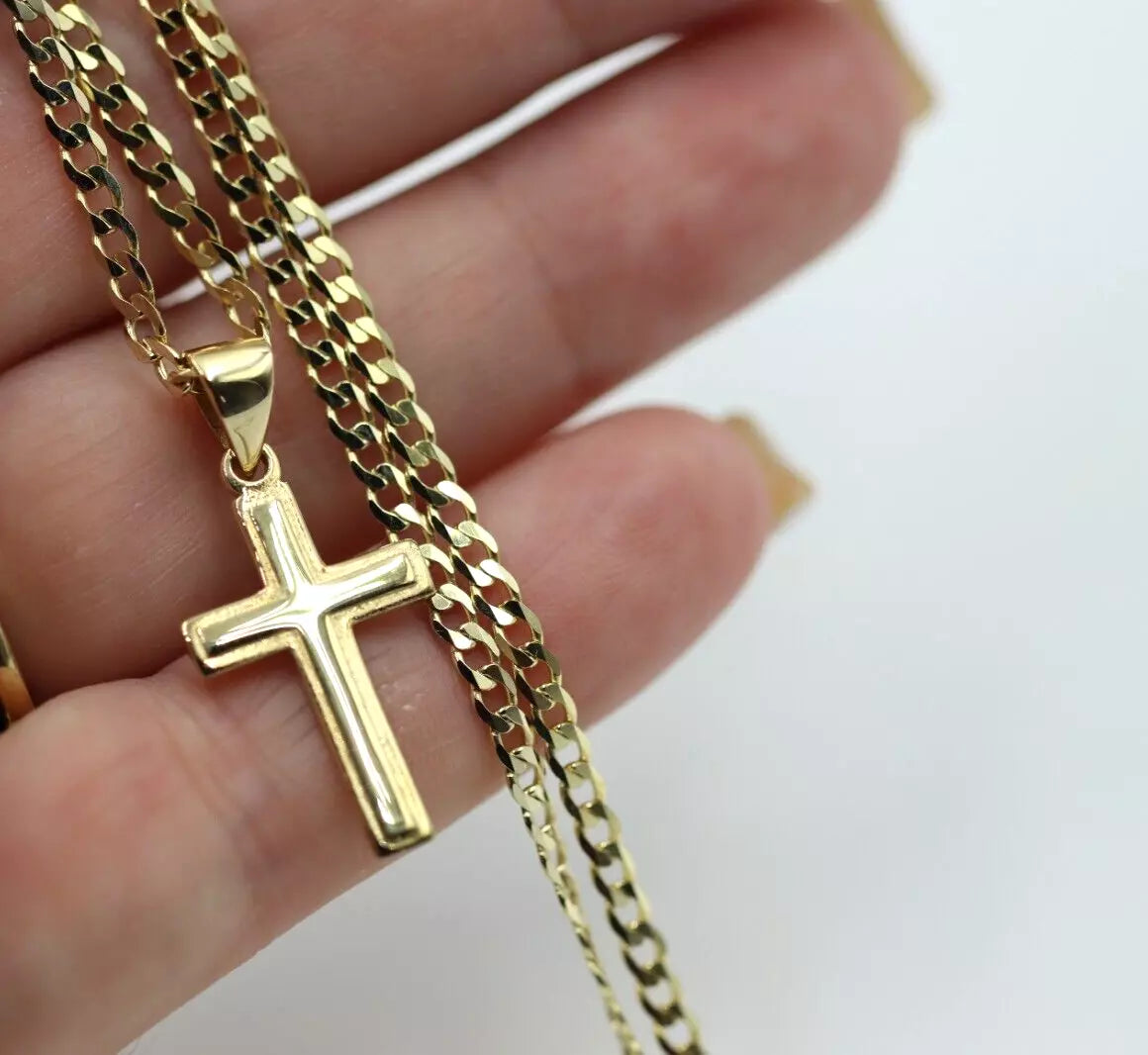 Genuine 9ct 9K Yellow Gold Plain Cross Pendant + Necklace Chain 60cm