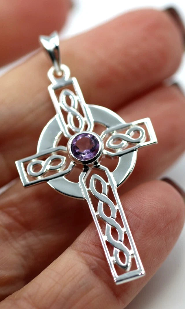 Sterling Silver 925 Large Amethyst Celtic Cross Pendant