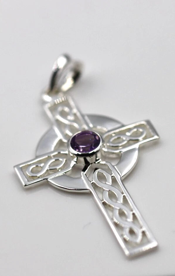 Sterling Silver 925 Large Amethyst Celtic Cross Pendant