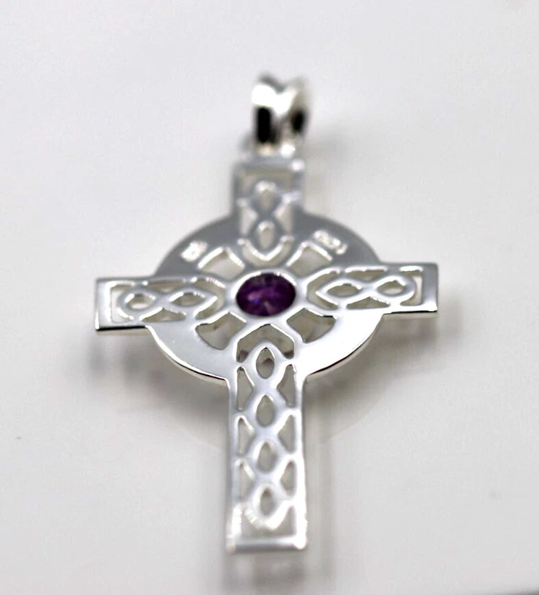 Sterling Silver 925 Large Amethyst Celtic Cross Pendant