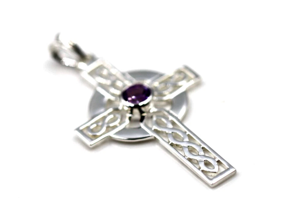 Sterling Silver 925 Large Amethyst Celtic Cross Pendant