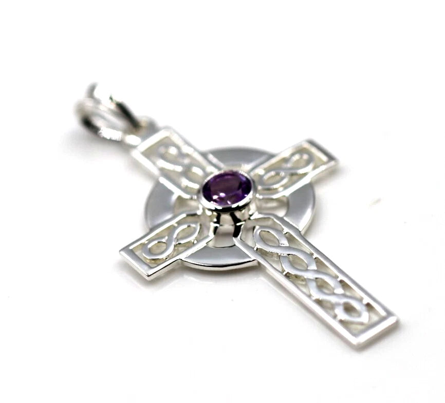 Sterling Silver 925 Large Amethyst Celtic Cross Pendant