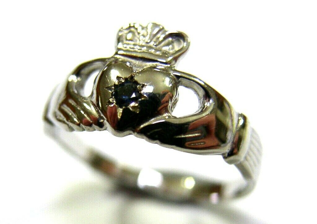 Size K 1/2 Genuine 9ct White Gold Australian Sapphire (Birthstone September) Claddagh Ring (