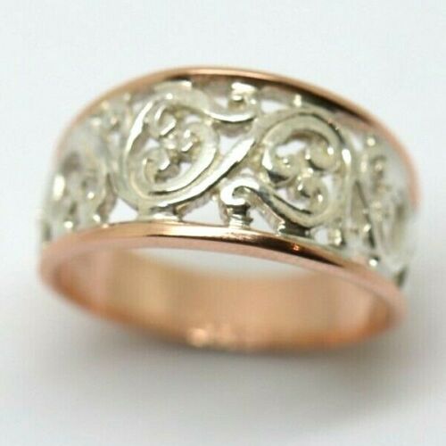 Size 6.75 / N 1/2 New Genuine Sterling Silver & 9ct Rose Gold Rims Filigree Swirl Ring
