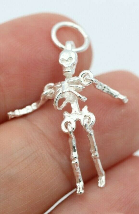 Sterling Silver Moving Skeleton Movable Pendant Charm Halloween Skull