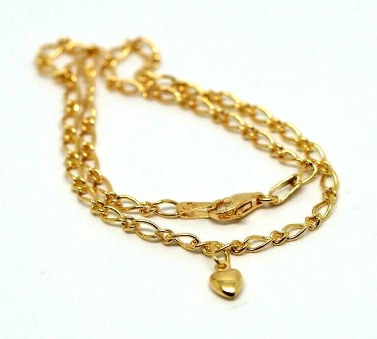 Genuine 9ct 9k 375 Solid Yellow Gold 25cm Oval Figaro Anklet with Heart Charm