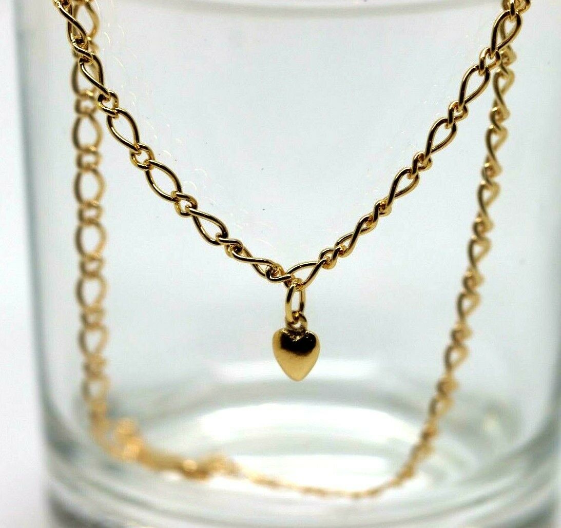 Genuine 9ct 9k 375 Solid Yellow Gold 25cm Oval Figaro Anklet with Heart Charm