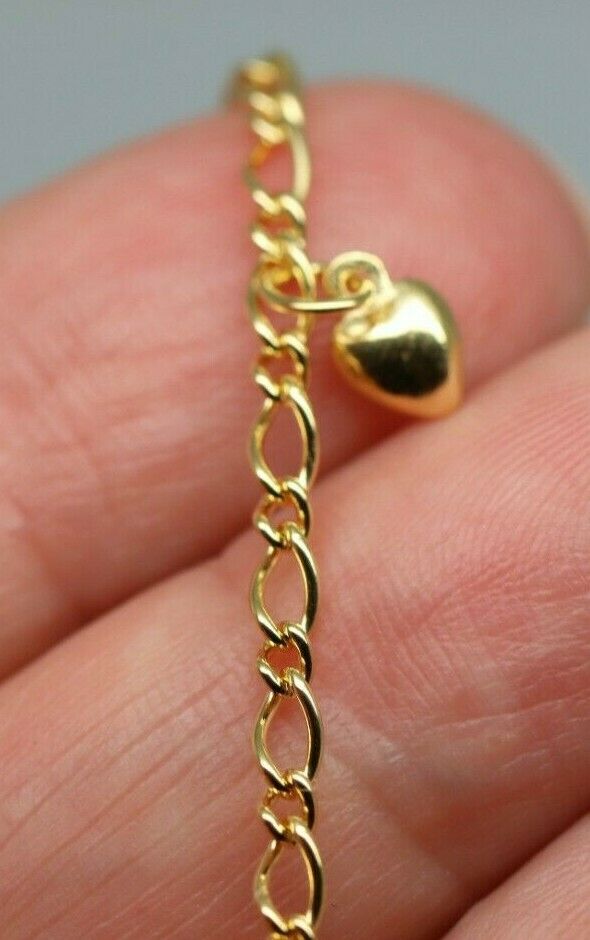 Genuine 9ct 9k 375 Solid Yellow Gold 25cm Oval Figaro Anklet with Heart Charm