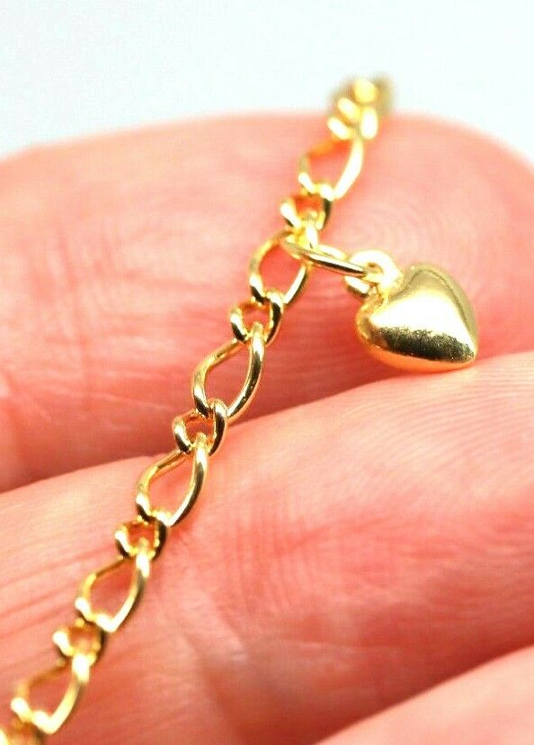 Genuine 9ct 9k 375 Solid Yellow Gold 25cm Oval Figaro Anklet with Heart Charm