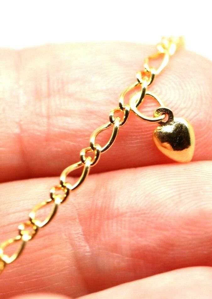 Genuine 9ct 9k 375 Solid Yellow Gold 25cm Oval Figaro Anklet with Heart Charm