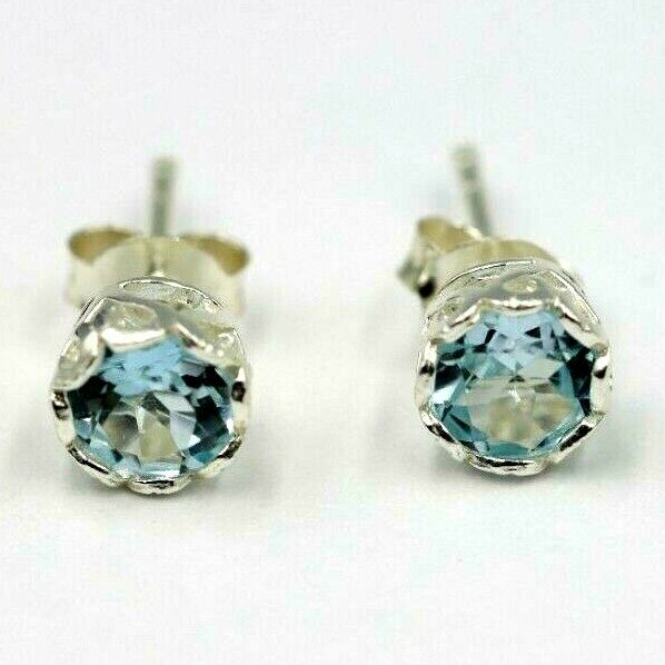 Genuine Sterling Silver 925 5mm Blue Topaz Bezel Stud Earrings