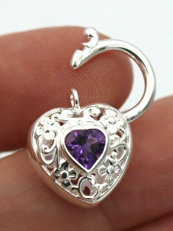 Sterling Silver 925 Filigree Natural Amethyst Filigree Heart Padlock 15mm