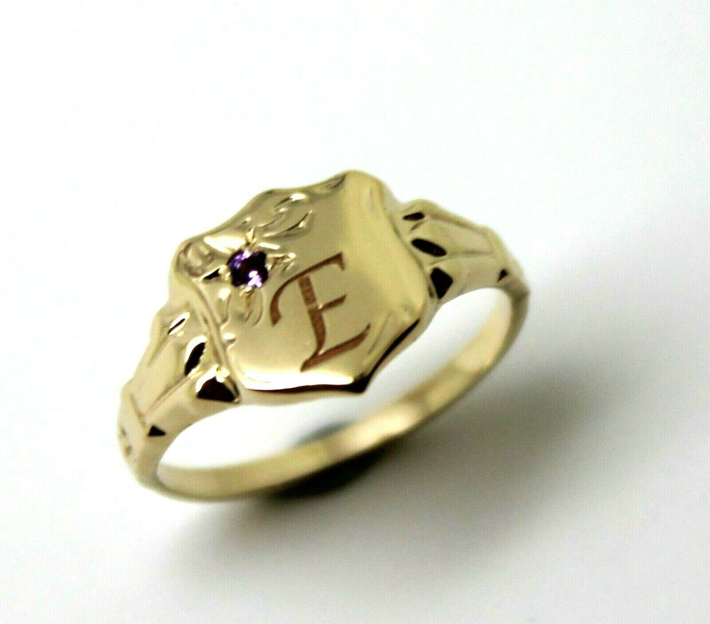 Genuine 9ct Small Yellow Gold Amethyst Shield Signet Ring + Engraving Of One Initial - Choose your size