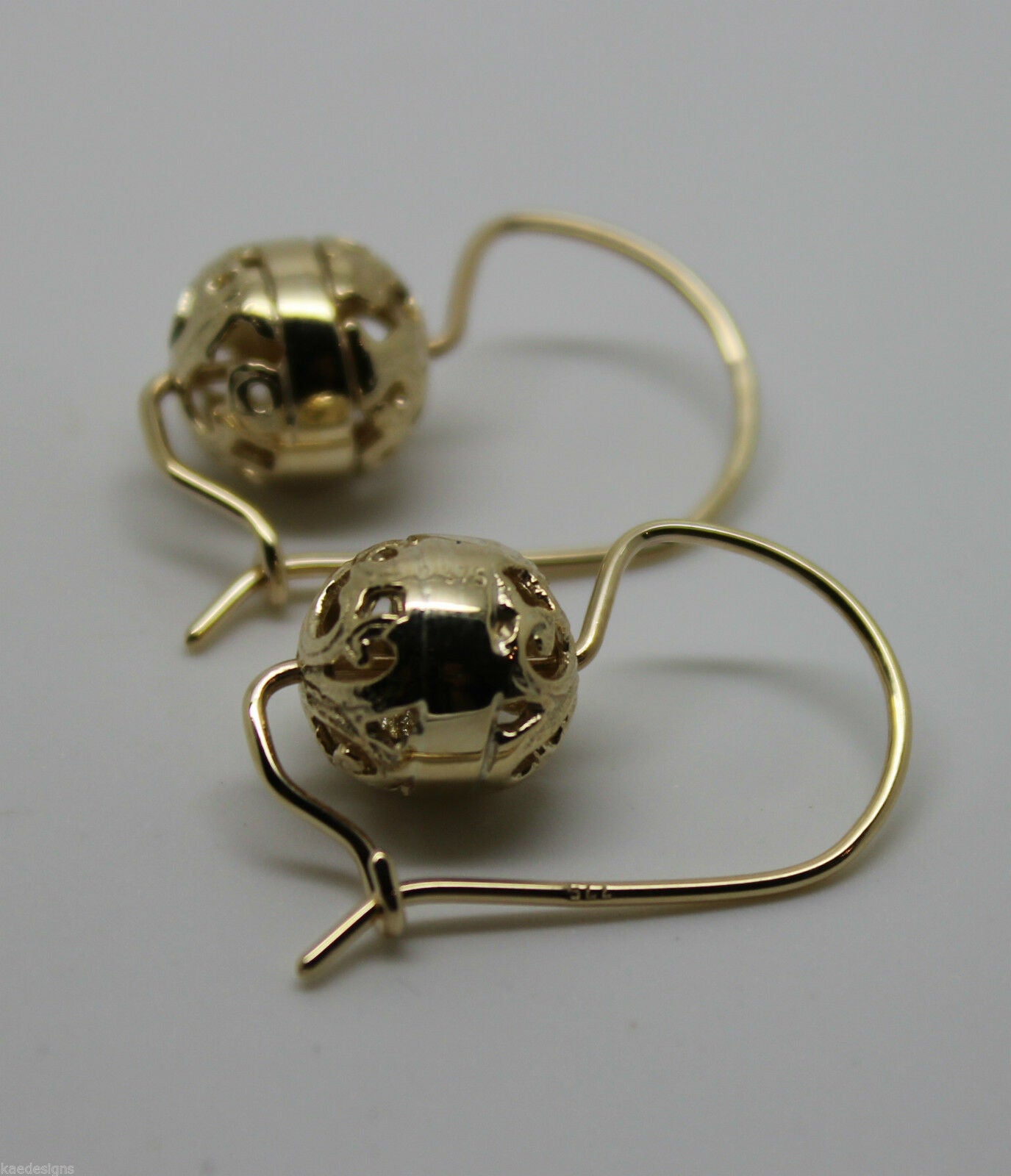 Kaedesigns 9ct Yellow, Rose or White Gold 8mm Euro Ball Drop Filigree Earrings