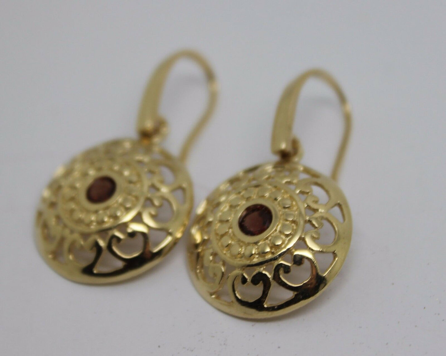 Genuine Heavy 9ct Solid Yellow, Rose or White Gold Antique Red Garnet Filigree Drop Earrings