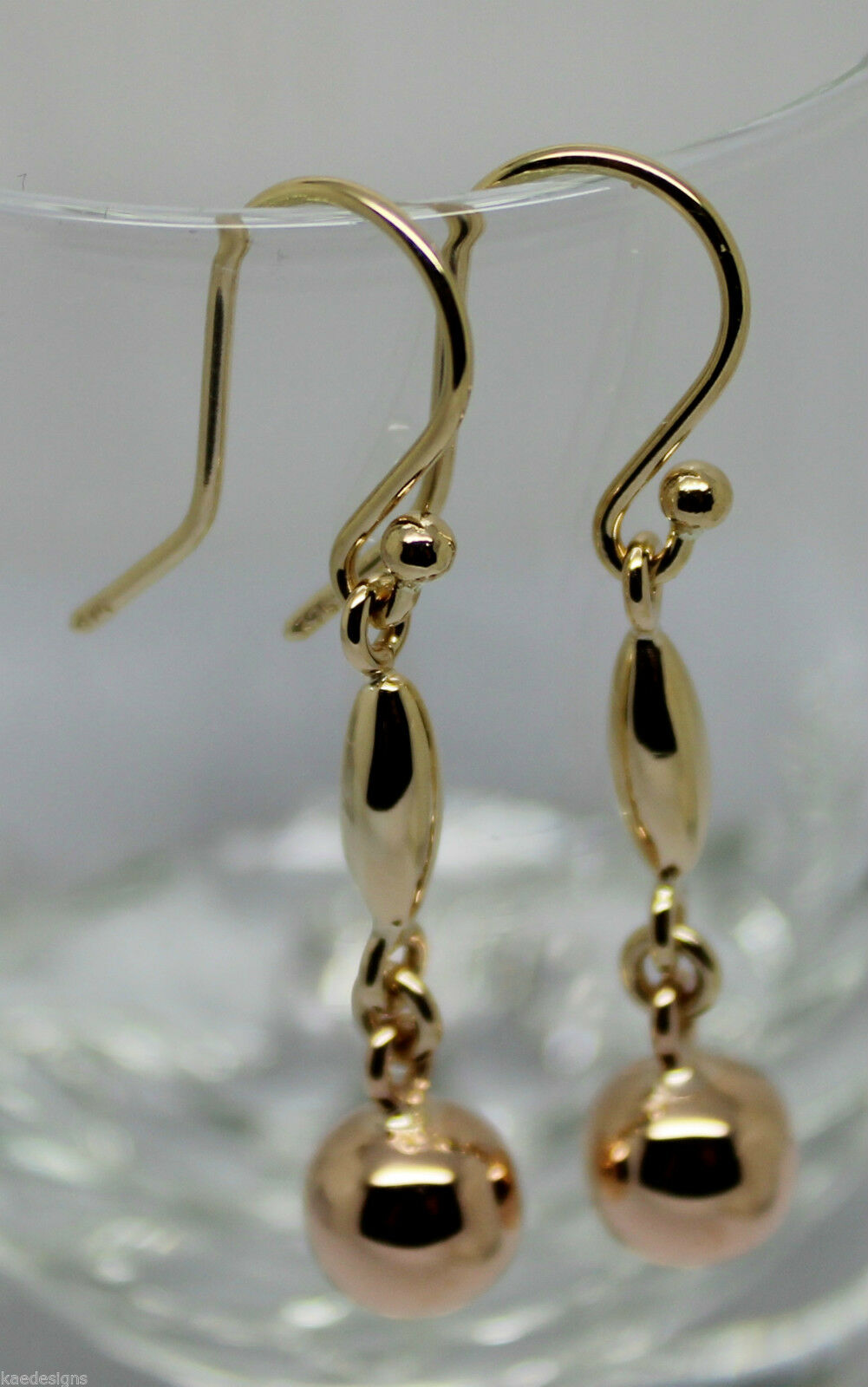 Genuine 9ct Yellow & Rose Gold 8mm Ball Long Drop Earrings