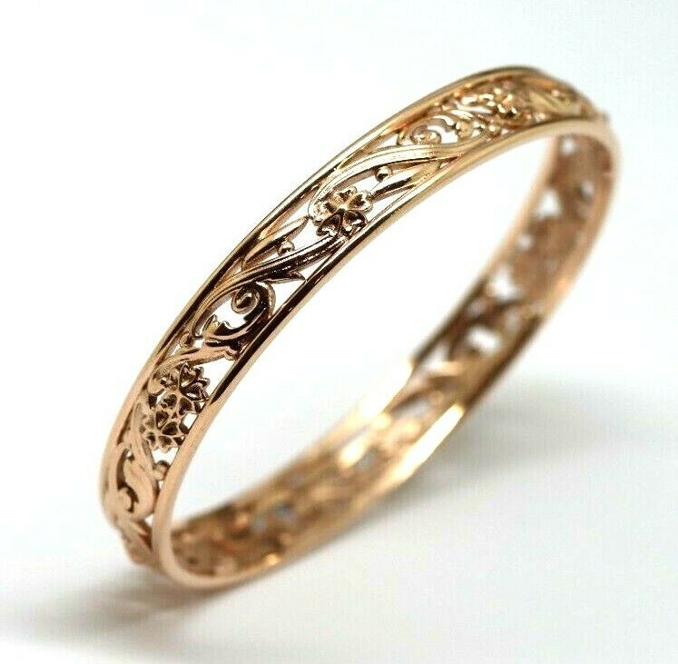 Genuine Heavy 9ct Yellow, Rose or White Gold Filigree Heavy Oval Flower Bangle 70mm x 60mm