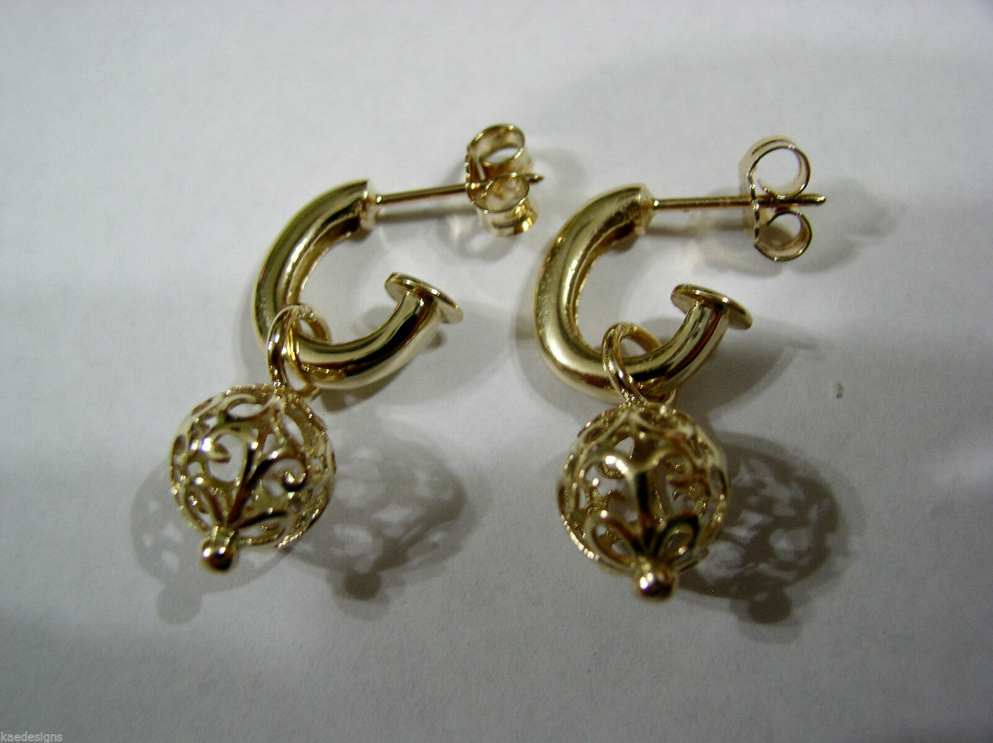 Kaedesigns, New Genuine 9ct Yellow, Rose or White Gold 10mm Filigree Ball Hook Earrings
