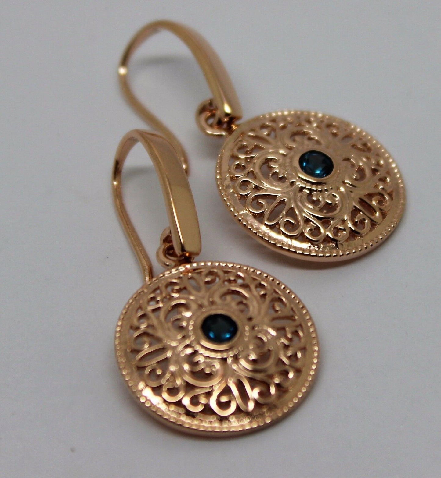 Genuine 9ct Solid Yellow, Rose or White Gold Round London Blue Topaz Filigree Earrings