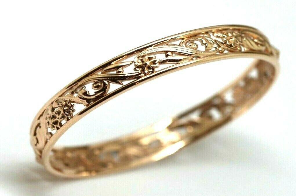 Genuine Heavy 9ct Yellow, Rose or White Gold Filigree Heavy Oval Flower Bangle 70mm x 60mm