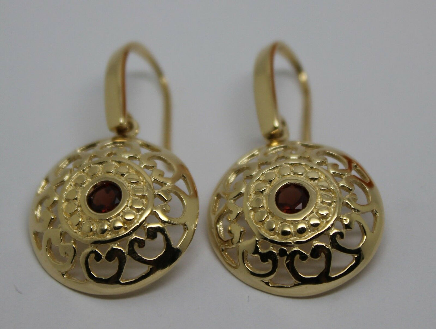 Genuine Heavy 9ct Solid Yellow, Rose or White Gold Antique Red Garnet Filigree Drop Earrings