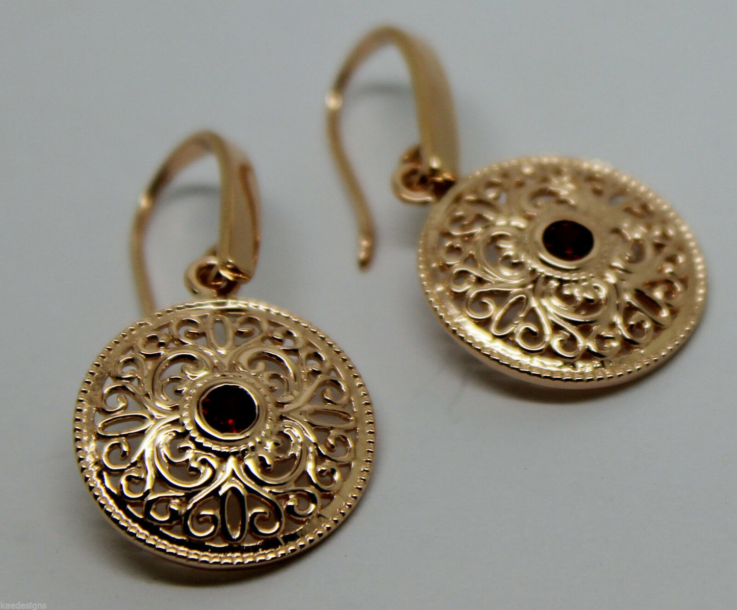Kaedesigns New Genuine 9ct Yellow, Rose or White Gold Antique Red Ruby Filigree Earrings