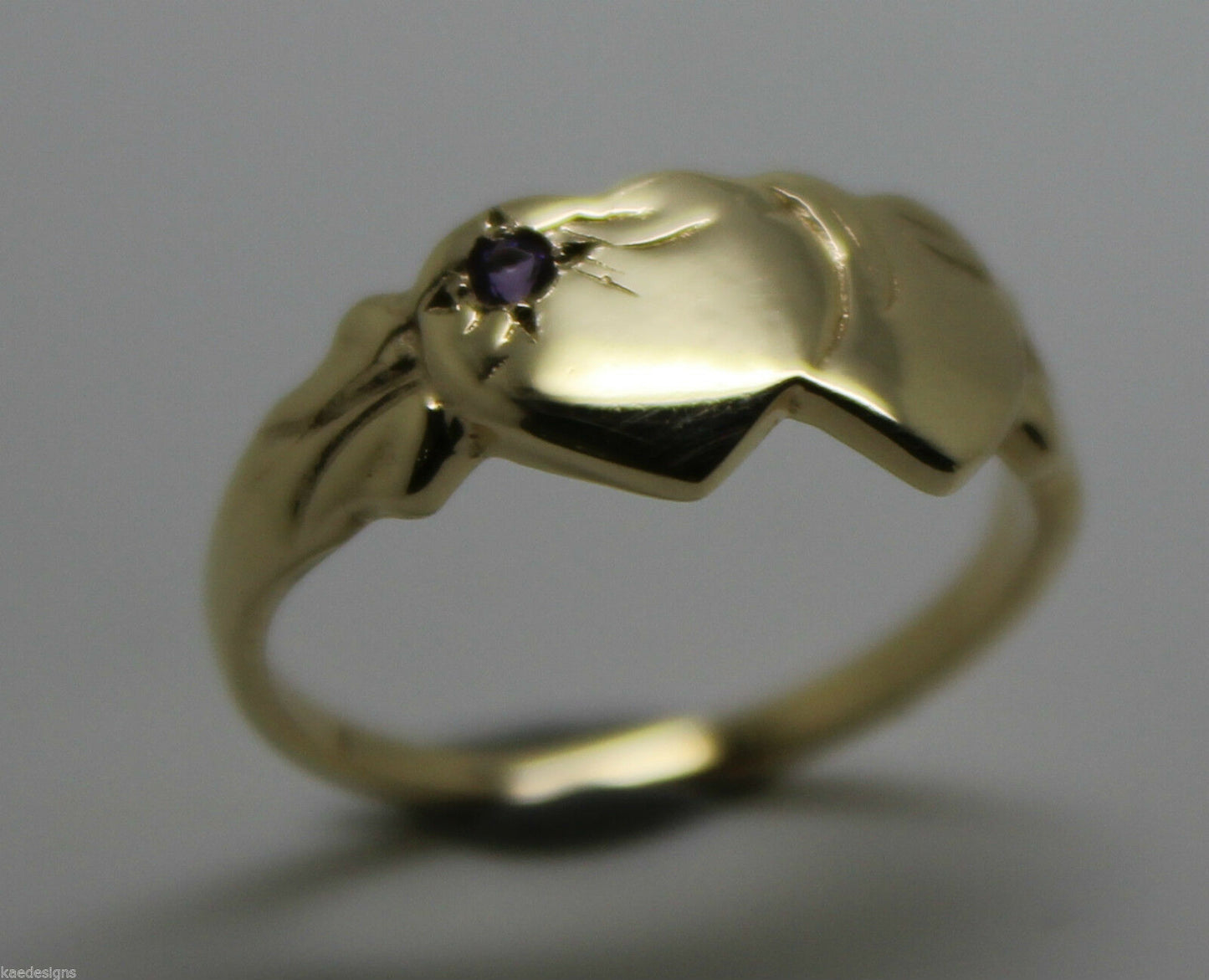 Genuine 9ct Yellow Gold 375 Amethyst (Birthstone Of February) Double Heart Signet Ring