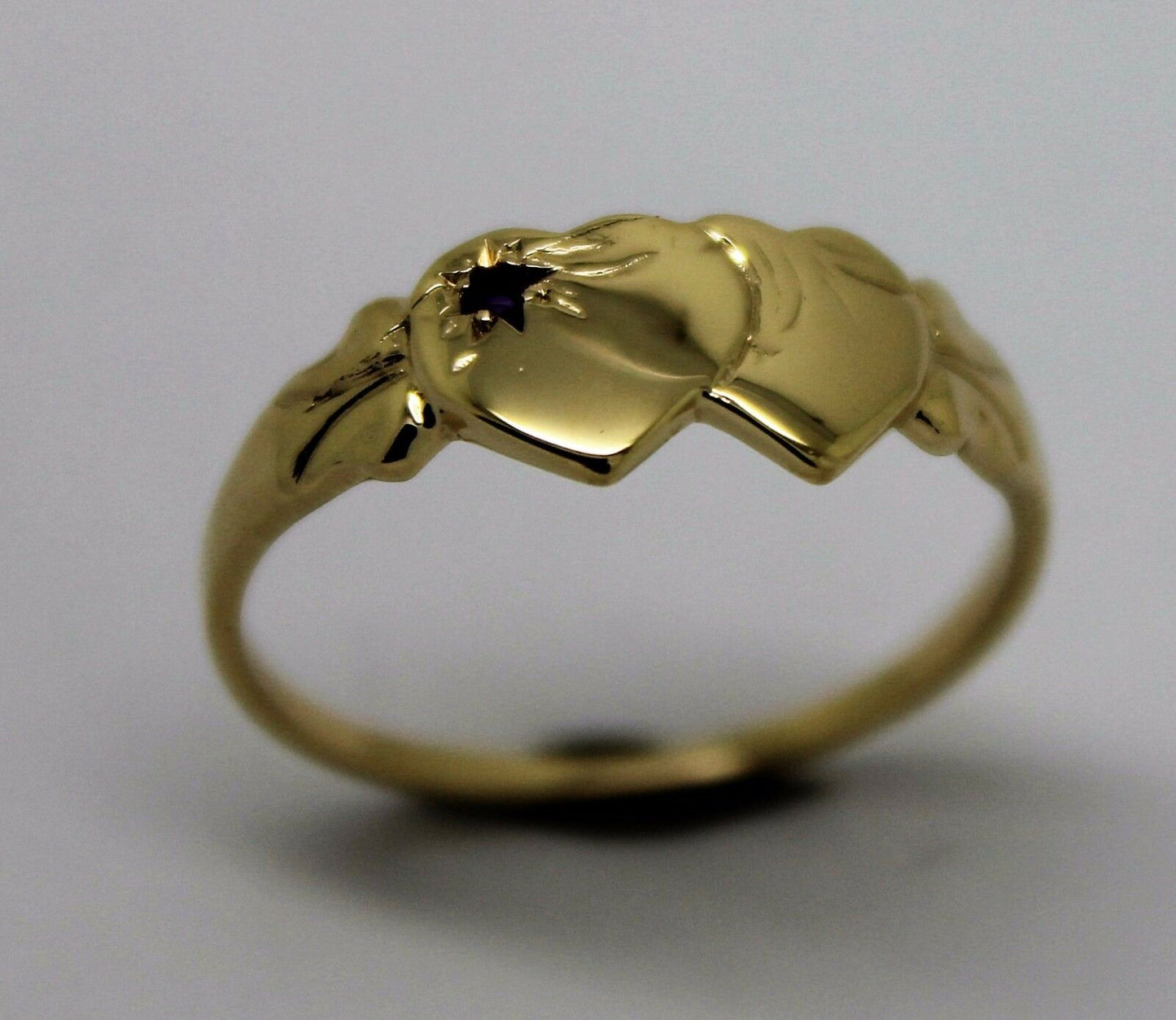 Genuine 9ct Yellow Gold 375 Amethyst (Birthstone Of February) Double Heart Signet Ring