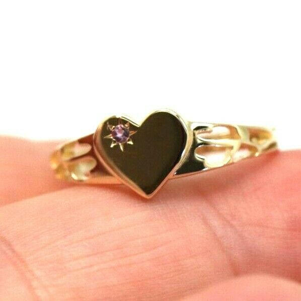 Genuine 9ct Yellow, Rose or White Gold 375 Amethyst (Birthstone Of February) Etched Heart Signet Ring