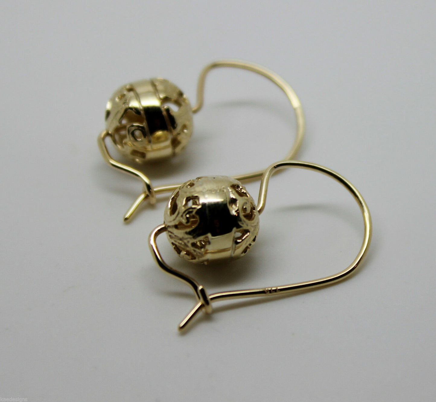 Kaedesigns 9ct Yellow, Rose or White Gold 8mm Euro Ball Drop Filigree Earrings